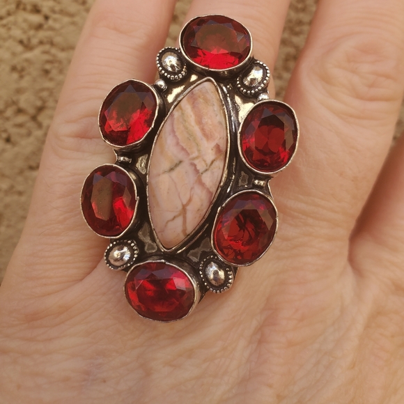 New Oversized Rhodochrosite & Garnet 925 Silver Statement Ring. - Picture 16 of 16